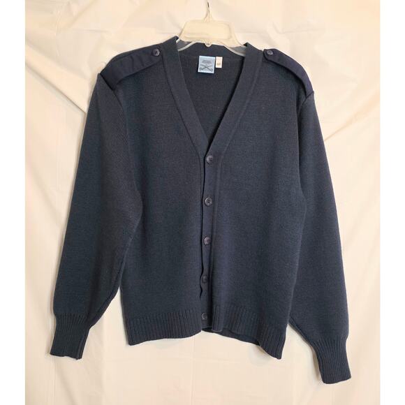 Military Equipment Button Cardigan Sweater Men's 44R Navy Elbow Patch Wool Blend - Picture 1 of 7